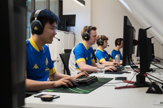 Members of the MAD Lions League of Legends team compete at their team facility in Berlin, Germany on July 25, 2020.