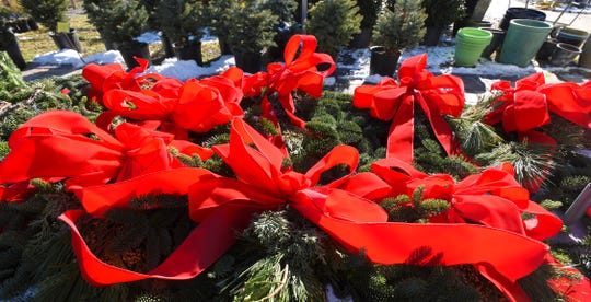 Several fresh deluxe swags with handmade red bows at Steinkopf Nursery in Farmington Hills.