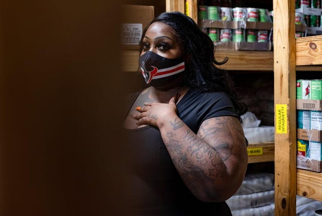 Quinn Smoot poses for a portrait at West Houston Assistance Ministries, which runs a food pantry. Food banks have been a huge help to clients like Smoot during the pandemic, but several sources of food and money from federal and state governments are ending soon.