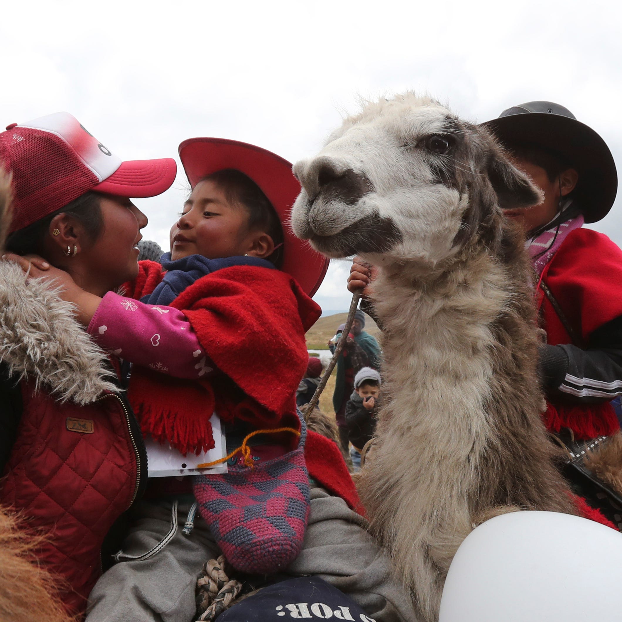 A mother embraces her child after he raced his llama at the Llanganates National Park in Ecuador on February 8, 2020. Wooly llamas, an animal emblematic of the Andean mountains in South America, become the star for a day each year when Ecuadoreans dress up their prized animals for children to ride them in 500-meter races.