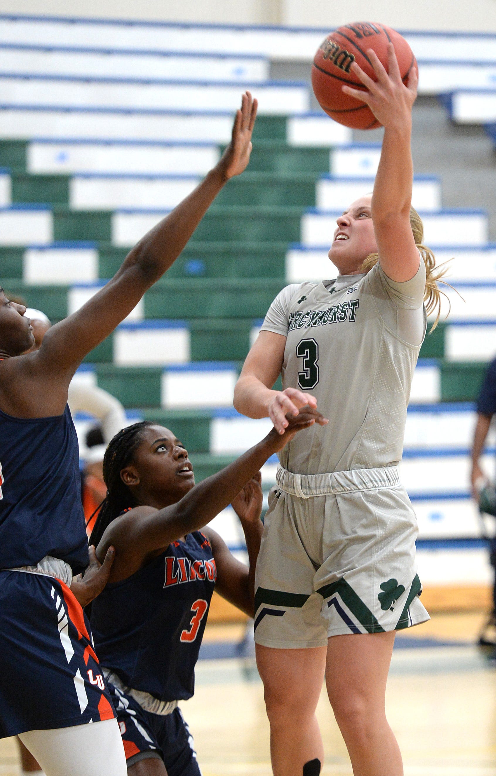 Mercyhurst's Emily Shopene shoots against Lincoln during the 2020-21 season at the Mercyhurst Athletic Center. Shopene was set to conclude her five-year Lakers career on Saturday