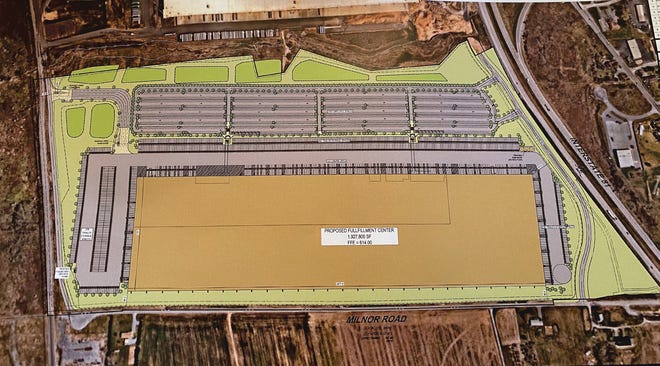 This site plan for a proposed 1.9-million-square-foot fulfillment center that would bring 2,000 jobs to the Antrim Commons Business Park was presented in July.