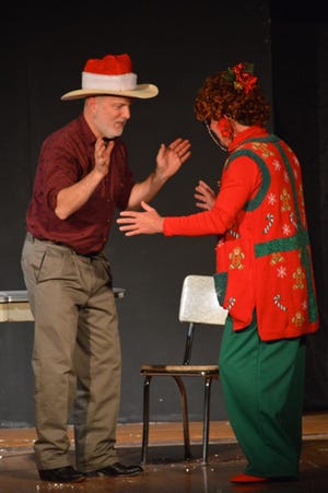 Michael Snead as Arles Struvie and Steve Phillips as Bertha Bumiller in rehearsals for "A Tuna Christmas" from the Millbrook Community Players.