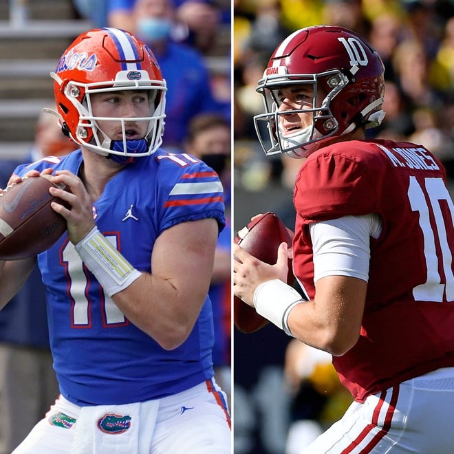 Florida quarterback Kyle Trask, left, and Alabama quarterback Mac Jones are the top candidates for the Heisman Trophy.