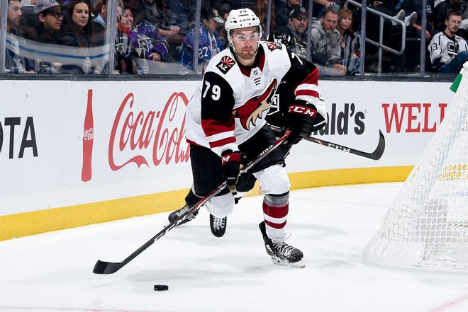 LOS ANGELES, CA - SEPTEMBER 17: Jordan Gross of the Arizona Coyotes skates with the puck during the third period of the preseason game against the Los Angeles Kings at STAPLES Center on September 17, 2019 in Los Angeles, California. (Photo by Adam Pantozzi/NHLI via Getty Images)