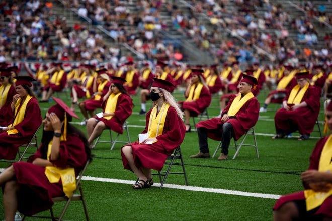 Roosevelt High School seniors are recognized during their graduation ceremony on Sunday, June 28, 2020 at Howard Wood Field in Sioux Falls, S.D.