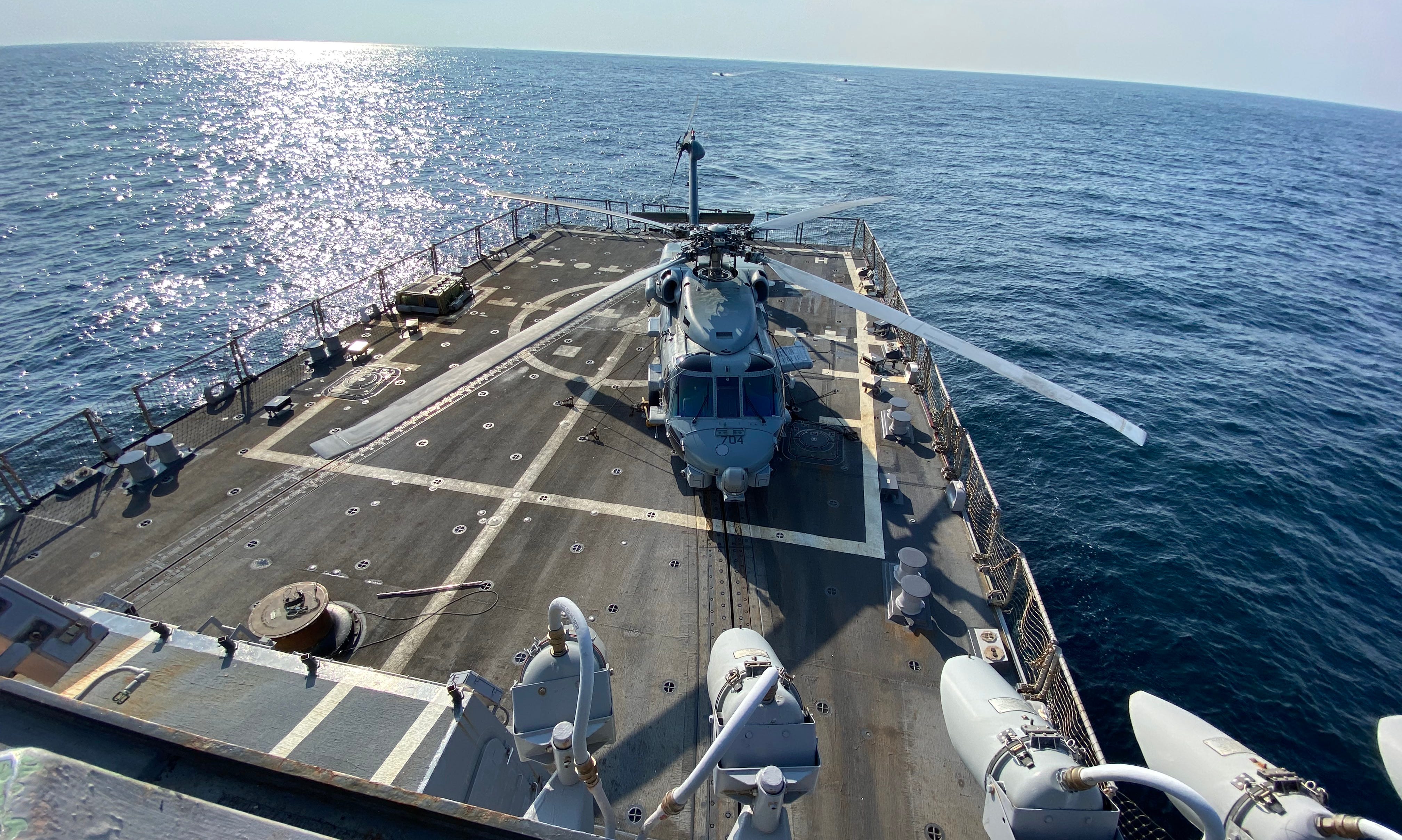 A U.S. Navy helicopter is seen shortly after landing on the USS Farragut, in the Persian Gulf, in November 2019.