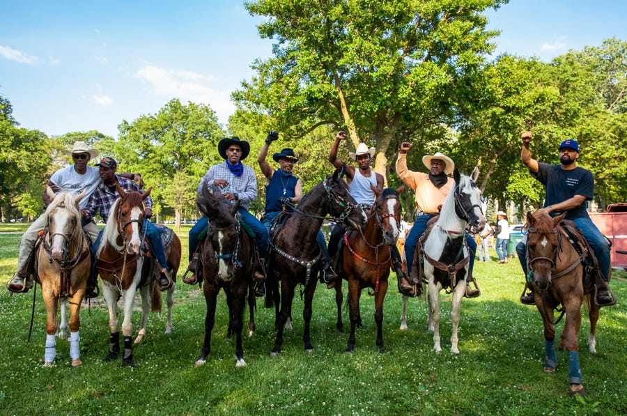 Black Chicagoan and Indiana horse owners ride through Washington Park on June 19, 2020 in Chicago, Illinois. Juneteenth commemorates June 19, 1865, when a Union general read orders in Galveston, Texas stating all enslaved people in Texas were free according to federal law. 