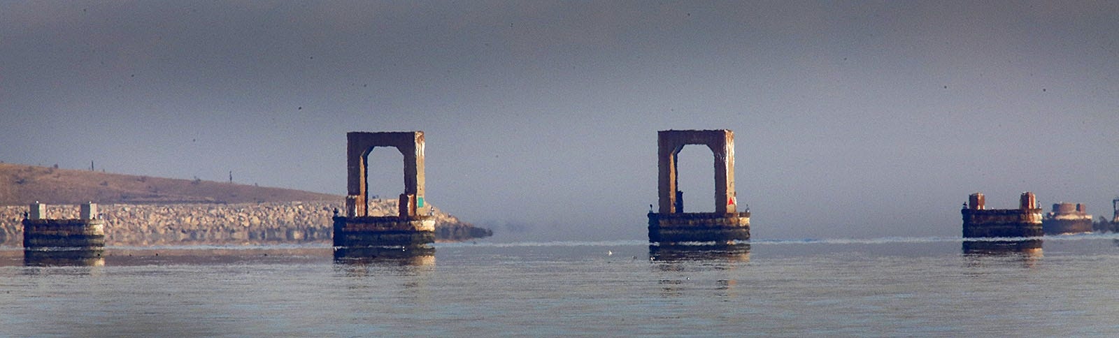The piers for the former Long Island Bridge in Quincy Bay on Tuesday, Dec .11, 2018