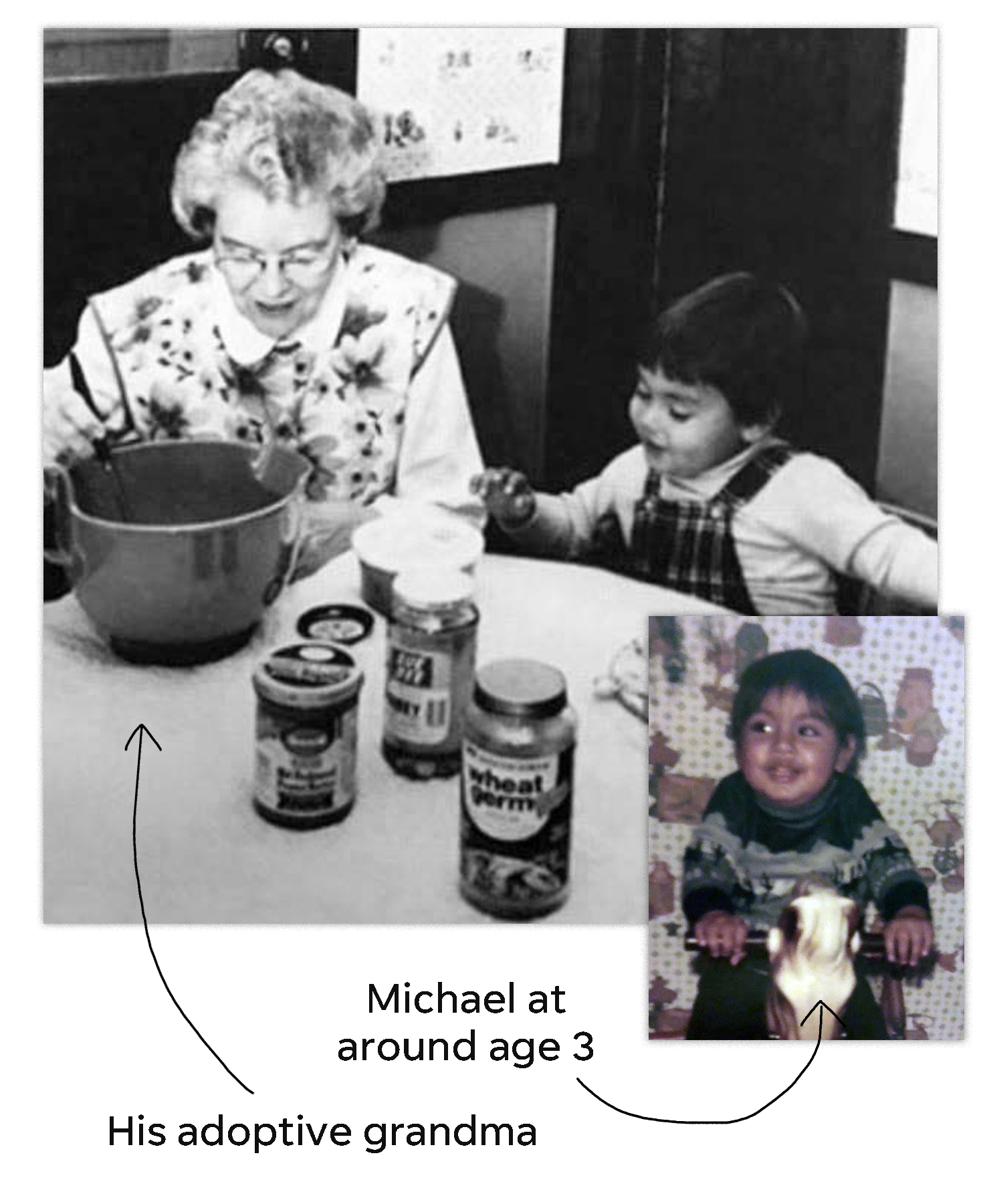 Michael Libberton and his adoptive grandmother sit together at a table when Michael was a child.