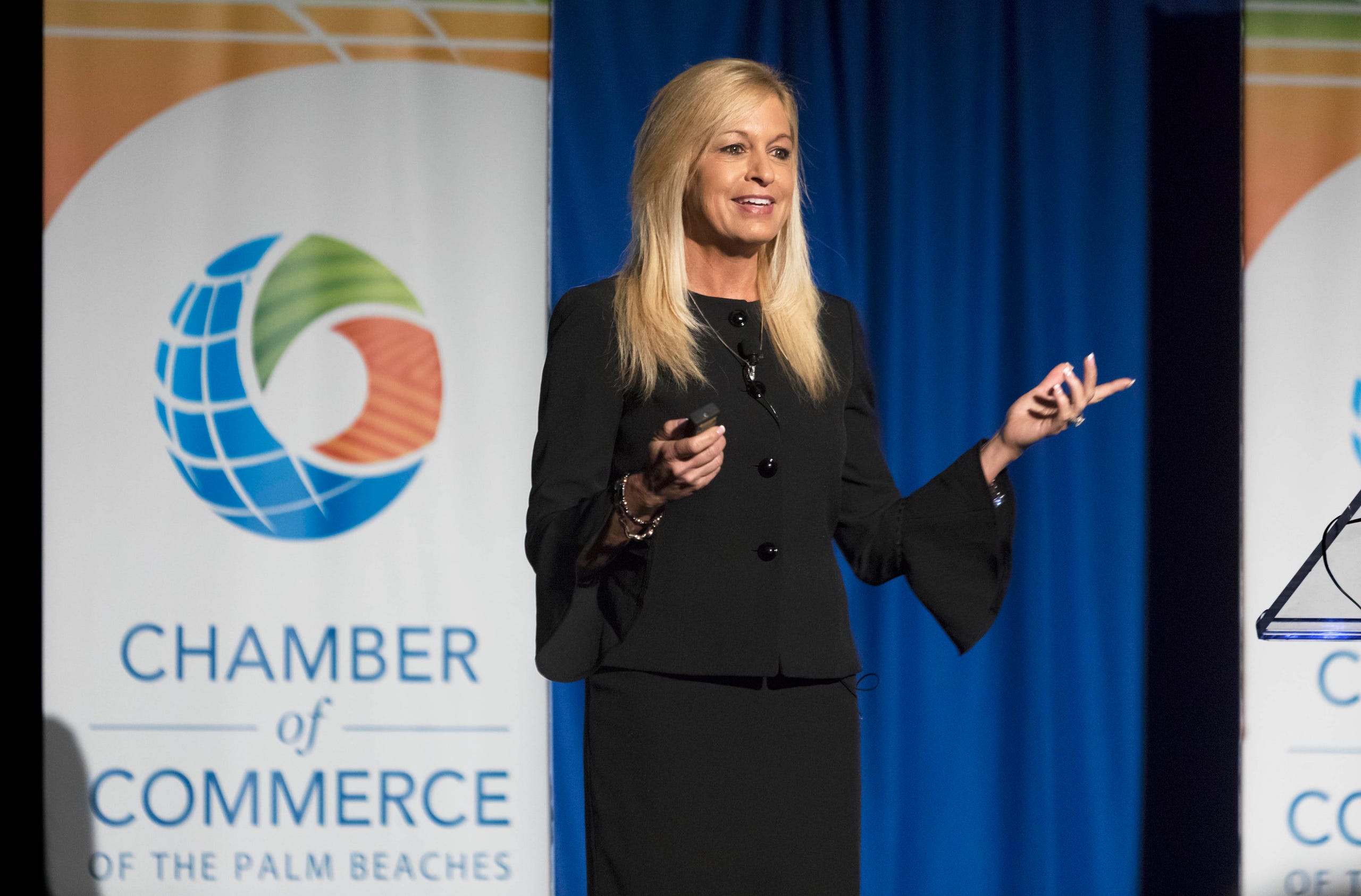Business Development Board of Palm Beach County President and CEO, Kelly Smallridge speaks during the Chamber of Commerce of the Palm Beaches February breakfast at the Palm Beach County Convention Center on Tuesday, February 26, 2019 in West Palm Beach, Florida. [GREG LOVETT /palmbeachpost.com]