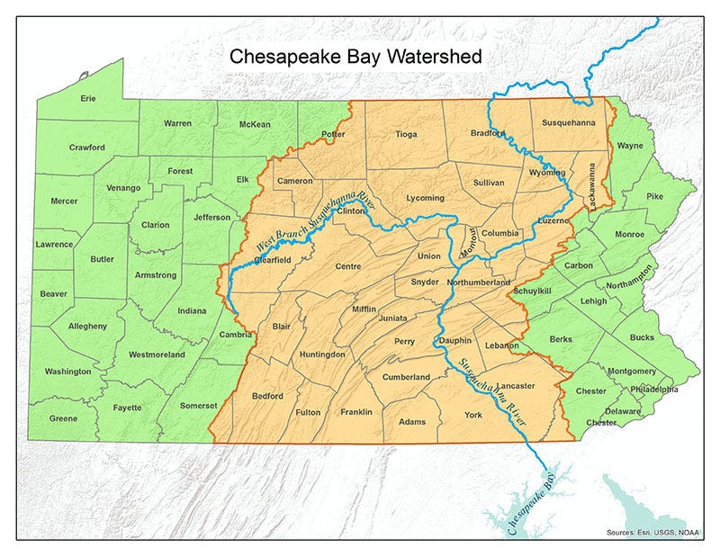 The Susquehanna River's 444-mile journey begins near Cooperstown, New York and enters the Chesapeake Bay at Havre de Grace, Maryland. The 243-mile West Branch connects to the Main Branch near Sunbury, Pa.