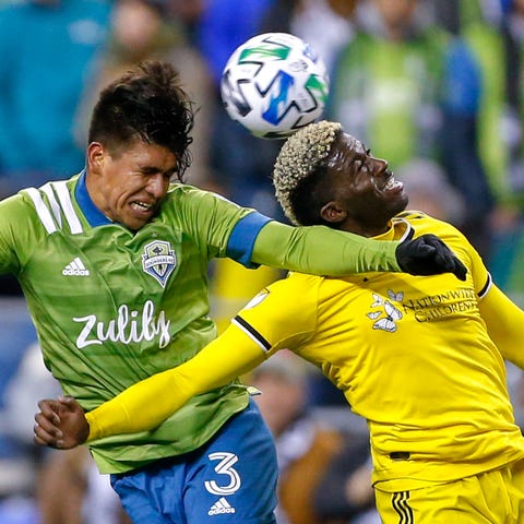 Seattle Sounders FC defender Xavier Arreaga jumps 