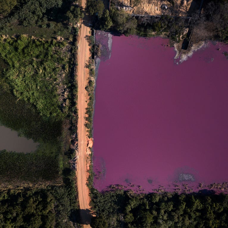A road divides the Cerro Lagoon, where the water at right is colored and the Waltrading S.A. tannery stands on the bank, top right, in Limpio, Paraguay, Wednesday, Aug. 5, 2020. The color of the water is likely due to the presence of heavy metals like chromium, commonly used in the tannery process. 