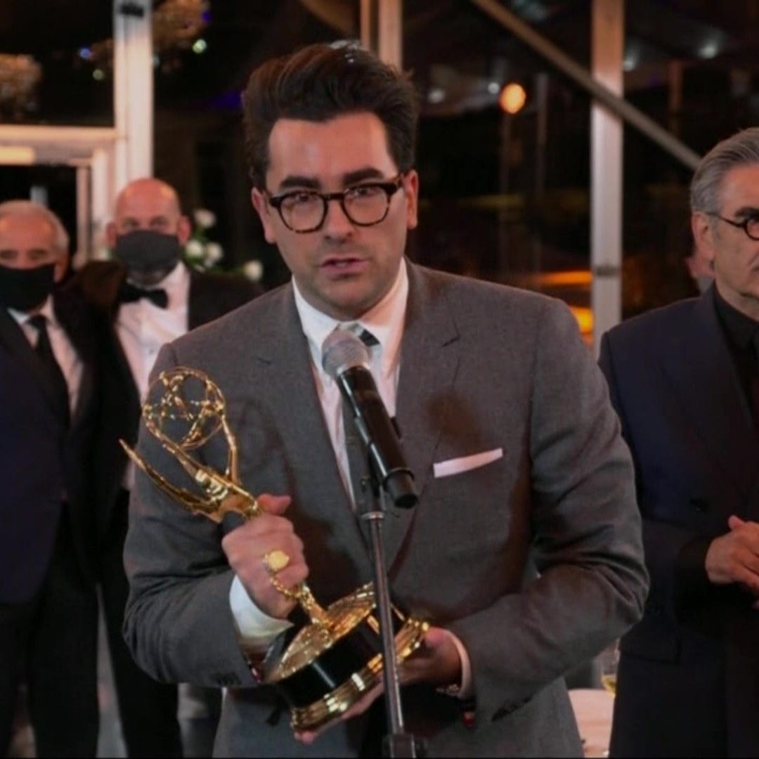 Daniel Levy accepts the award for outstanding comedy series for "Schitt's Creek" in a video grab from the 72nd Emmy Awards telecast on ABC on Sept. 20, 2020.