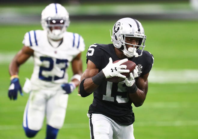 Dec 13, 2020; Paradise, Nevada, USA; Las Vegas Raiders wide receiver Nelson Agholor (15) against the Indianapolis Colts during the first half at Allegiant Stadium.
