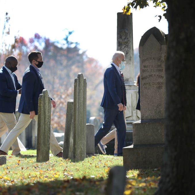 President-elect Joe Biden arrives at St. Joseph on the Brandywine Roman Catholic Church for Sunday mass on November 8, 2020 in Wilmington, Delaware. 