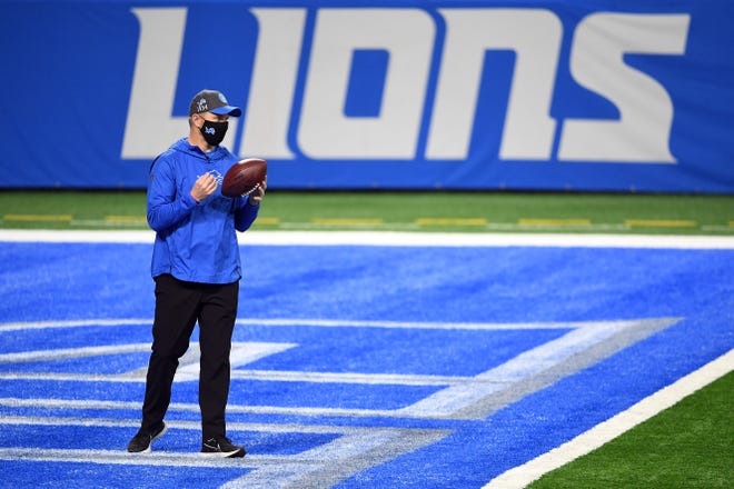 Detroit Lions interim head coach Darrell Bevell stands in the end zone before the game against the Green Bay Packers at Ford Field on Dec. 13, 2020 in Detroit, Michigan.