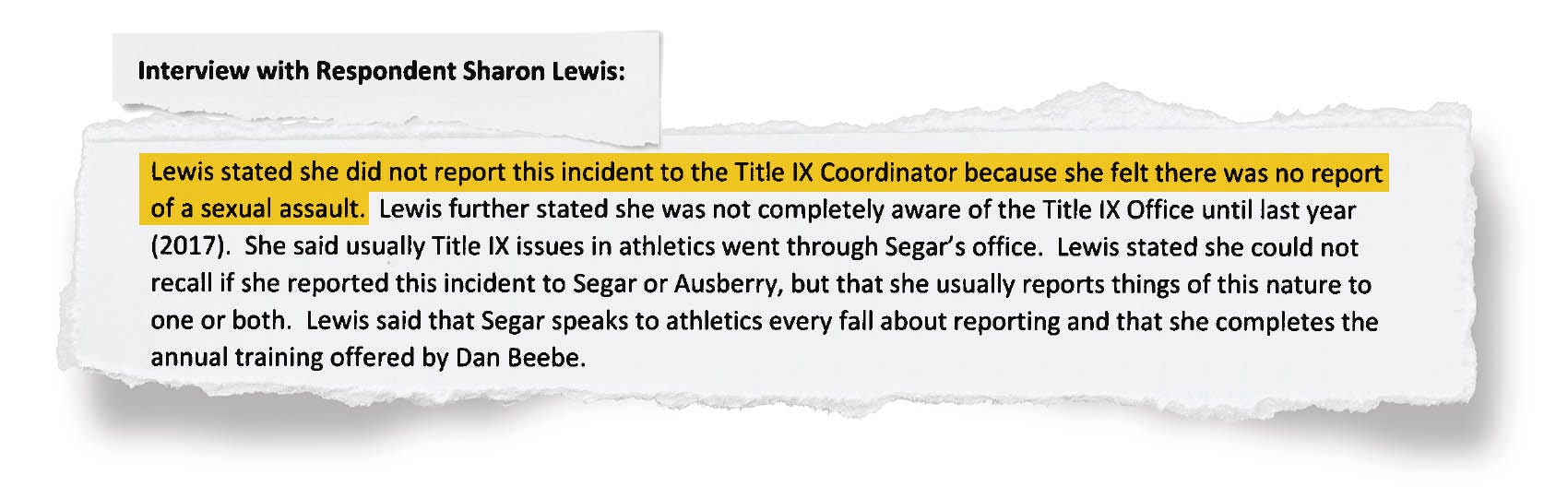 LSU football recruiting director Sharon Lewis told a a Title IX investigator she didn't report a female student's allegations of violence by an athlete to the school's Title IX office, noting that Senior Associate Athletic Director Miriam Segar typically handles such allegations.