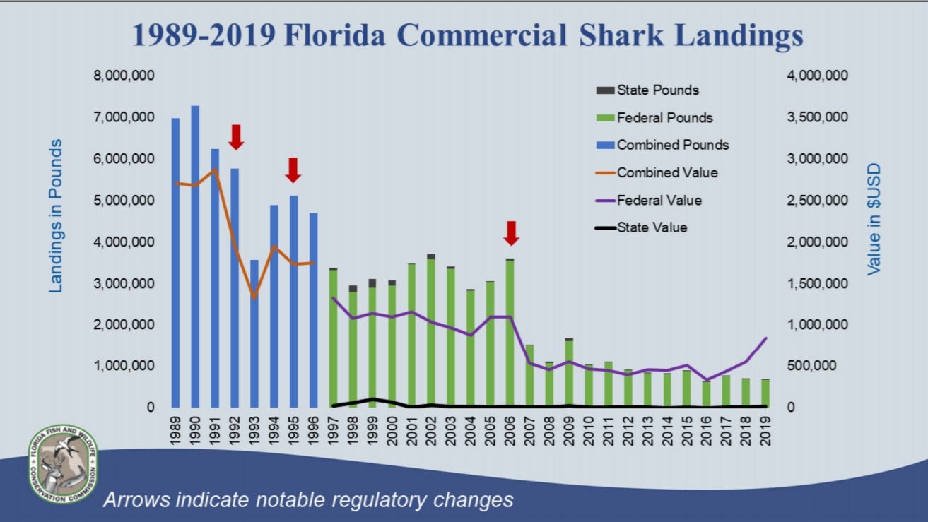 Florida's commercial shark landings have declined since government tightened up fishing regulations.