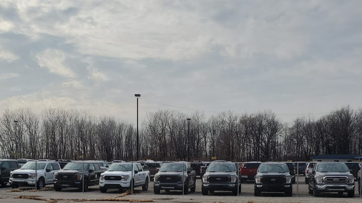 2021 Ford F-150 pickup trucks fill private parking lots around Detroit Metro Airport. This image was taken on December 11, 2020.