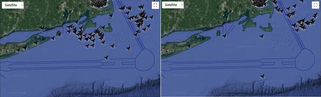 Right whale sightings from January to December in 2015 (left) and 2016 (right) from NOAA Fisheries Right Whale Sighting Advisory System.