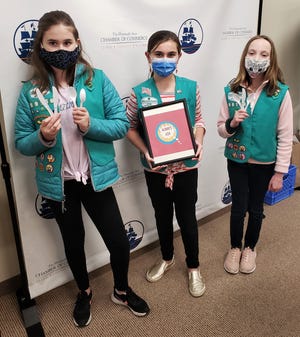 Scouts Addy Montgomery, Callie Golden and Ruby Miot of Troop 69156 present their "Always Ask" idea at the Plymouth Area Chamber of Commerce.