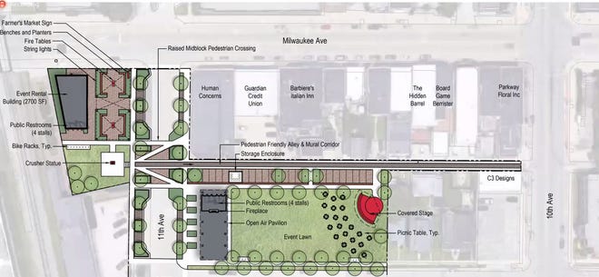 South Milwaukee conducted community surveys to find out what residents wanted to create as part of a downtown plaza project. Saiki Design presented the results to the council Dec. 15 via a Zoom meeting which included this rendering of the main requested features.