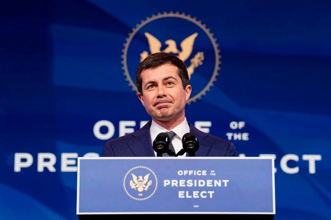 Former South Bend, Indiana Mayor Pete Buttigieg, President-elect Joe Biden's nominee to be secretary of transportation, speaks after Biden announced his nomination during a news conference at Biden's transition headquarters in Wilmington, Delaware, on Dec. 16, 2020.