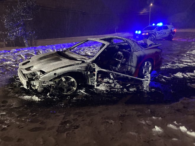 A burned-out Pontiac Firebird after a vehicle fire on Exeter Road early Thursday morning. [Hampton police/Courtesy Photo]