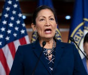 In this March 5, 2020, file photo Rep. Deb Haaland, D-N.M., Native American Caucus co-chair speaks to reporters about the 2020 Census on Capitol Hill in Washington.