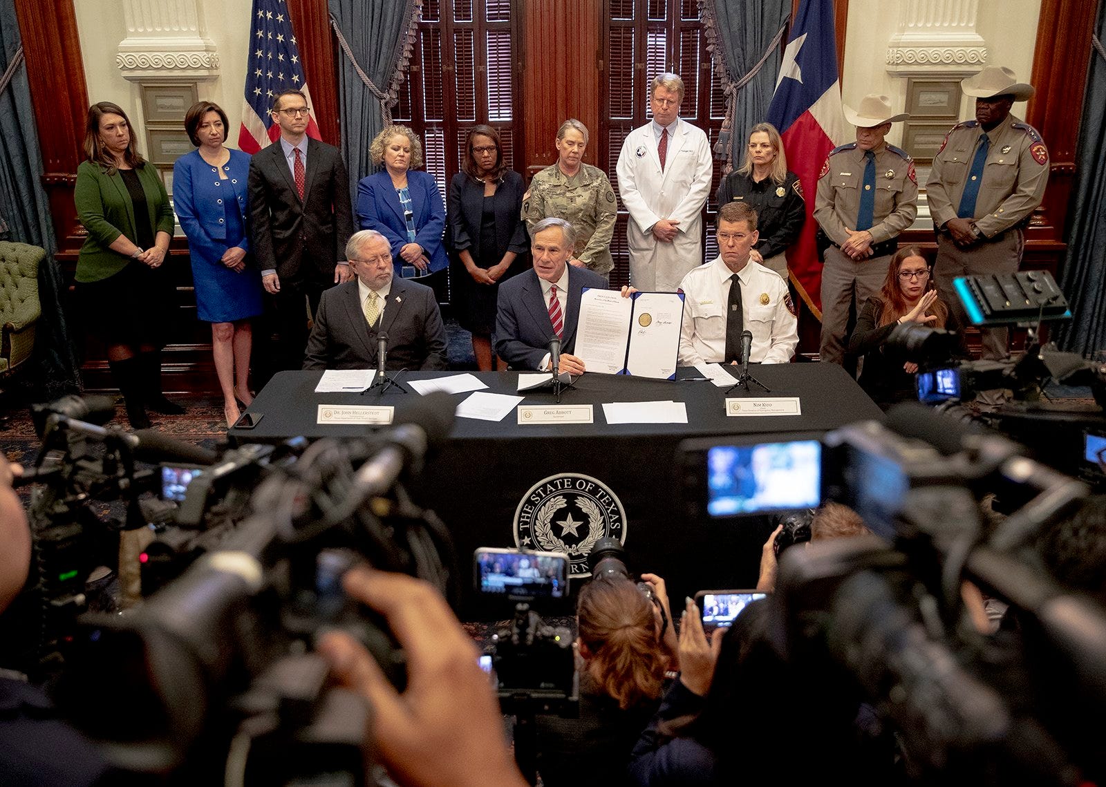 Texas Gov. Greg Abbott issues a disaster declaration in response to the growing threat of the novel coronavirus on Friday, March 13, 2020, in Austin, Texas.