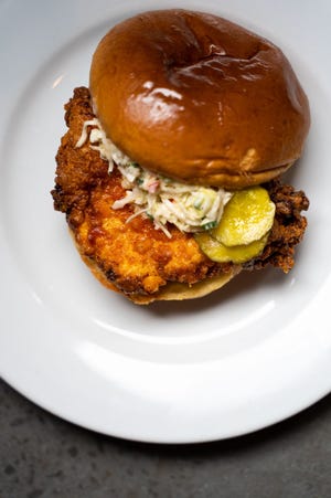 The spicy chicken sandwich gets a kick from cayenne, paprika and chili oil.