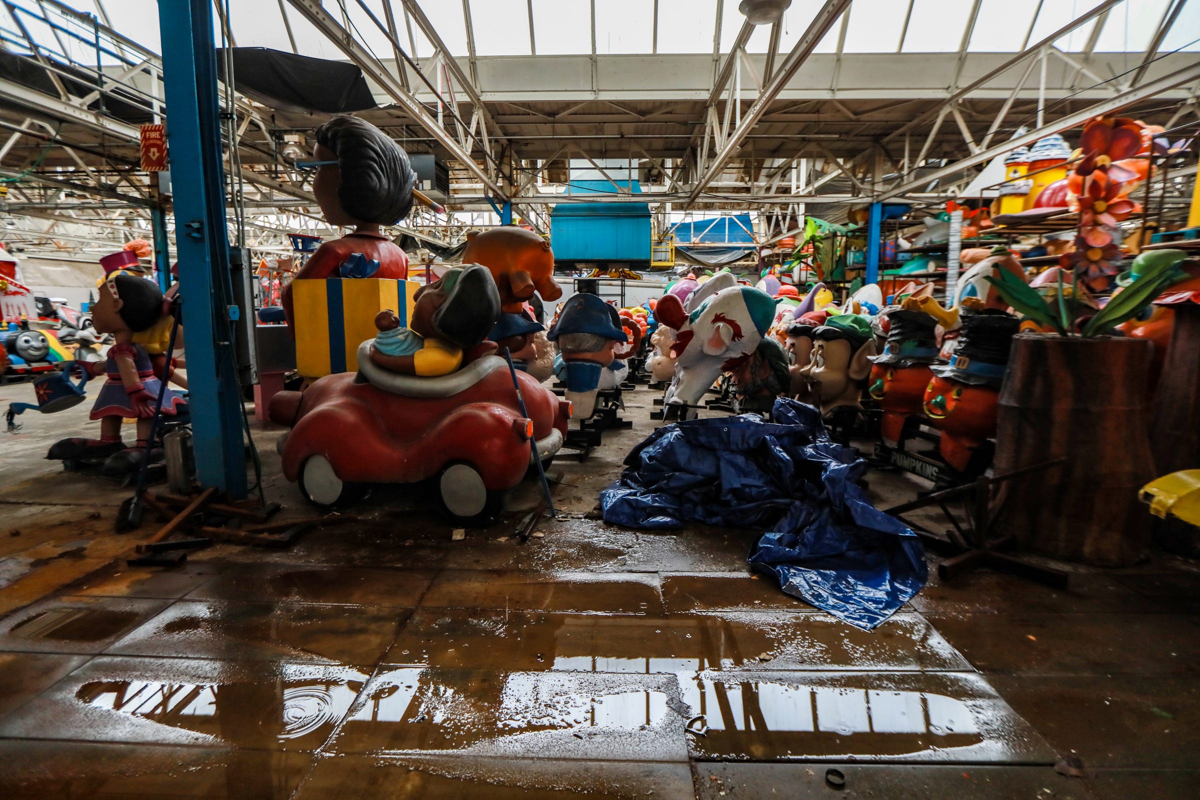 The pandemic shutdown many in-person events including Detroit's Thanksgiving Day parade. The annual event was a spectator-free production this year and was only watchable on television because of the coronavirus pandemic. The parade floats sit inside the Parade Company's warehouse on the city's east side.