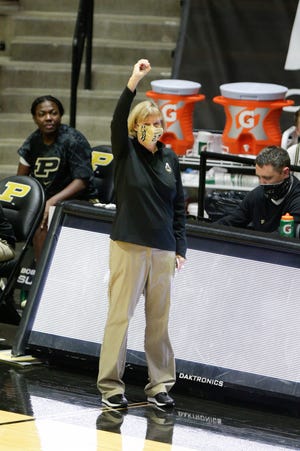 Purdue head coach Sharon Versyp motions during the second quarter of an NCAA women's basketball game, Thursday, Dec. 17, 2020 at Mackey Arena in West Lafayette.