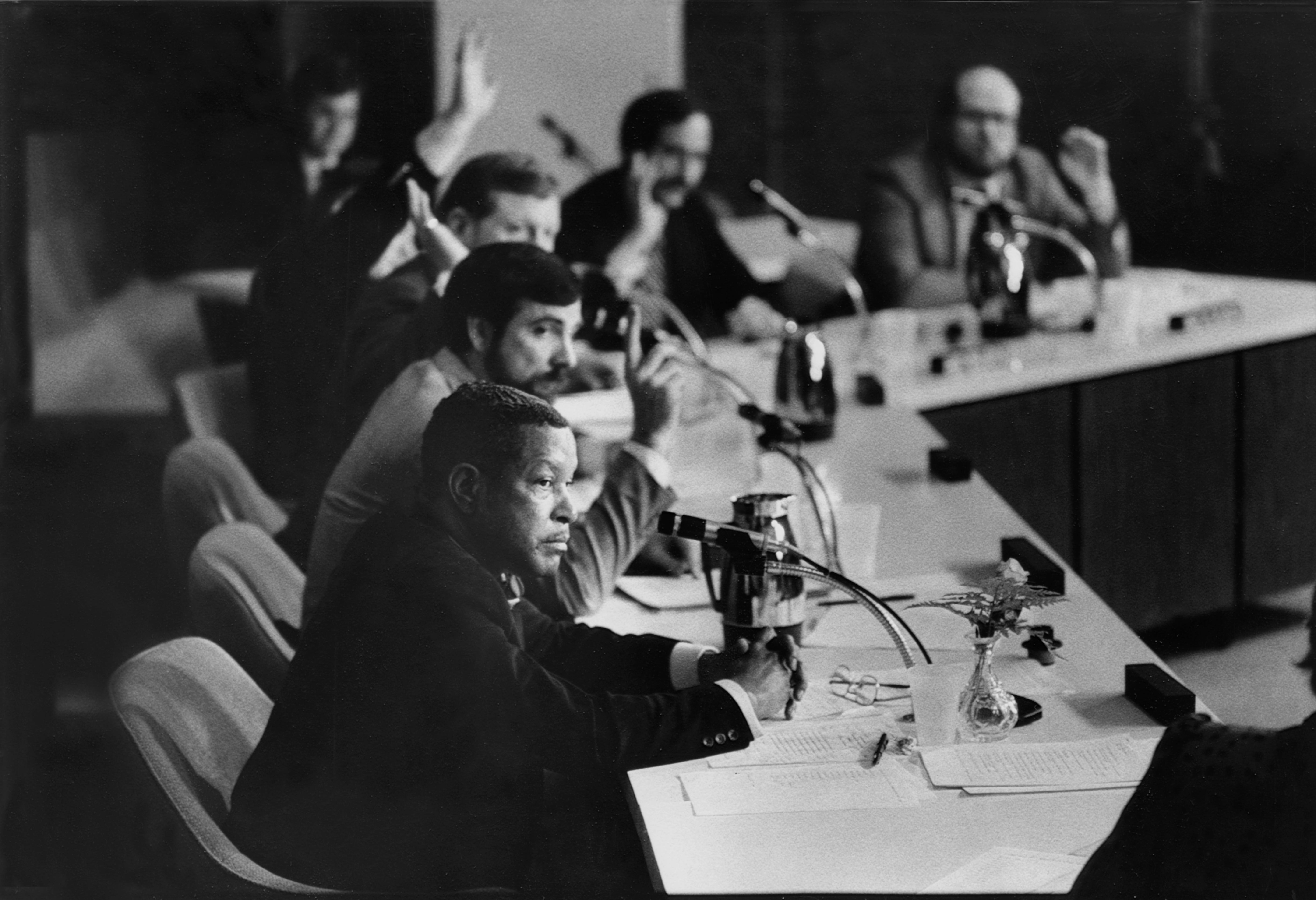 The Rev. C. Mackey Daniels, foreground, was the only Jefferson County school board member to vote against the new busing plan in 1984. Daniels wanted the board to defer its vote.