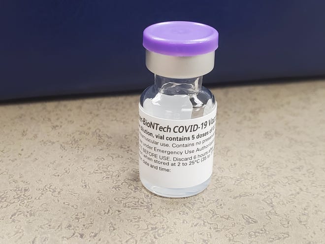 A vial of Pfizer's COVID-19 vaccine at Mercy Medical Center in Redding, which is storing Siskiyou County's doses until they can be delivered next week.