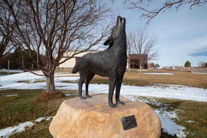 A statue of Tundra sits in front of Massari Arena on the campus of Colorado State University Pueblo.