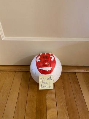 A volleyball with a message.