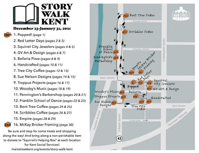 This is the map of where visitors can read “Squirrel’s New Year's Resolution” during Main Street Kent 's New Year’s Story Walk Dec. 23 through Jan. 31. Donations of non-perishable food items for “Squirrel’s Helping Box” will be collected at participating businesses.