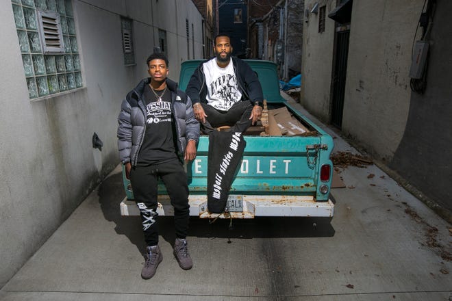 Jawan Loupe, left, co-owner of OTHXR, a lifestyle clothing brand, Jerome Cosby, owner of Lanor, a luxury design outlet, and Trey Campbell, owner of Organized Crime, not pictured, make up the three brand members of Messhall Studio. The group will be participating in a pop-up shop at Rockford Art Deli on Saturday.