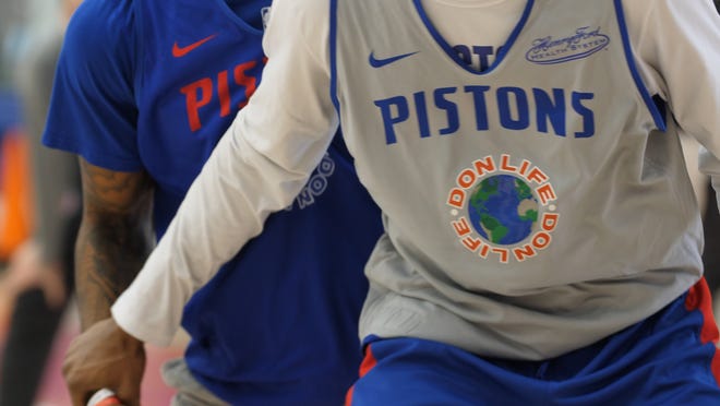 A glimpse of the Detroit Pistons' "Don Life"-branded practice jerseys, part of a new alliance with rapper Big Sean.