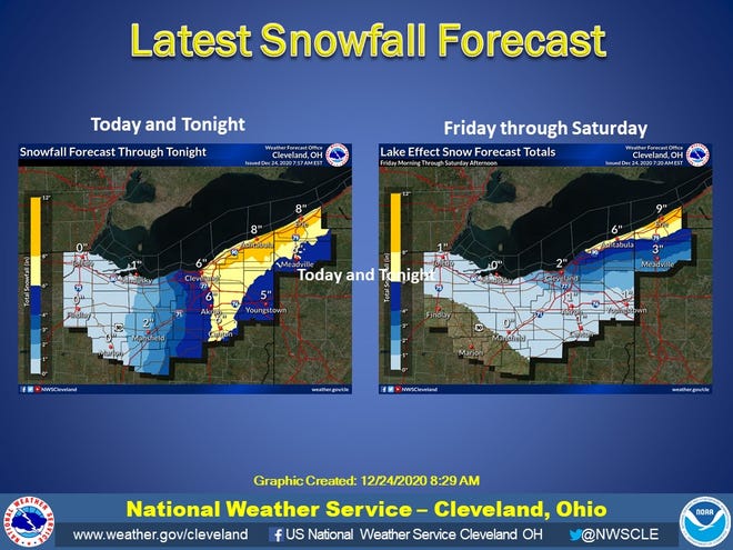 Snowfall predictions as of Thursday morning