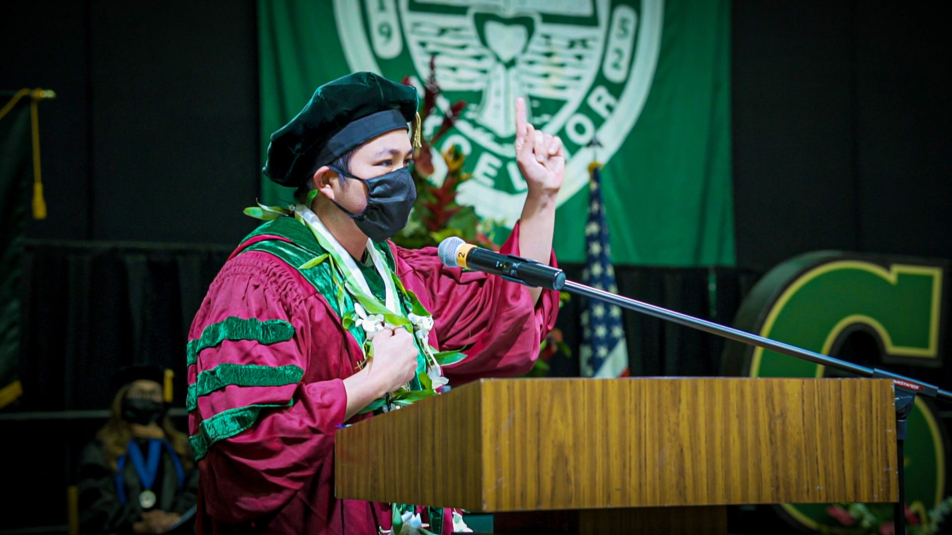 Dr. Edison Manaloto, a two-time University of Guam alumnus and now a doctor at Guam Regional Medical City, delivers the keynote speech for the university’s virtual commencement ceremony in December 2020.
