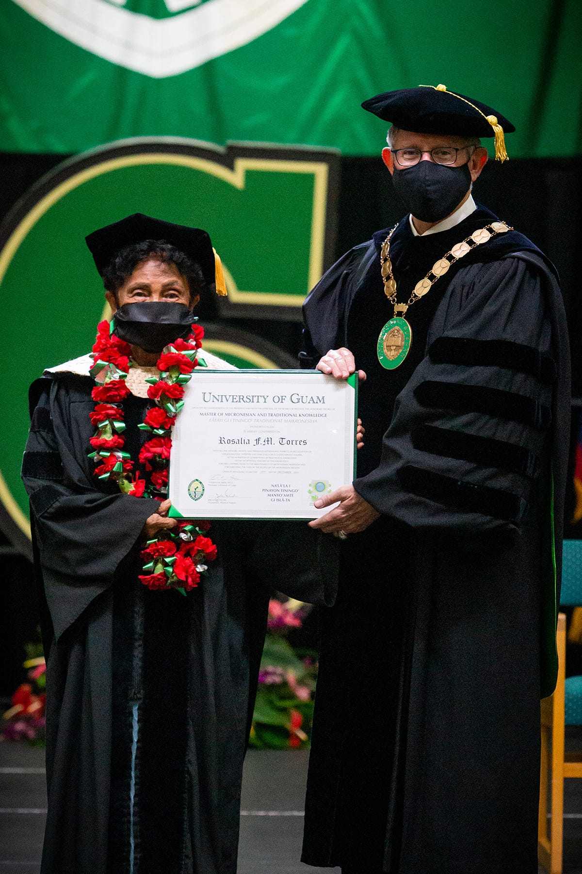 Rosalia Fejeran Mateo, one of a few remaining traditional healers, received an honorary Master of Micronesian Traditional Knowledge degree from the University of Guam Board of Regents during the commencement ceremony in December 2020.