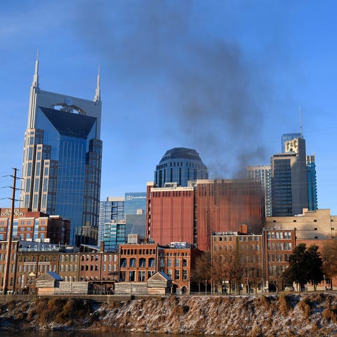 Smoke rises from downtown after an explosion in th