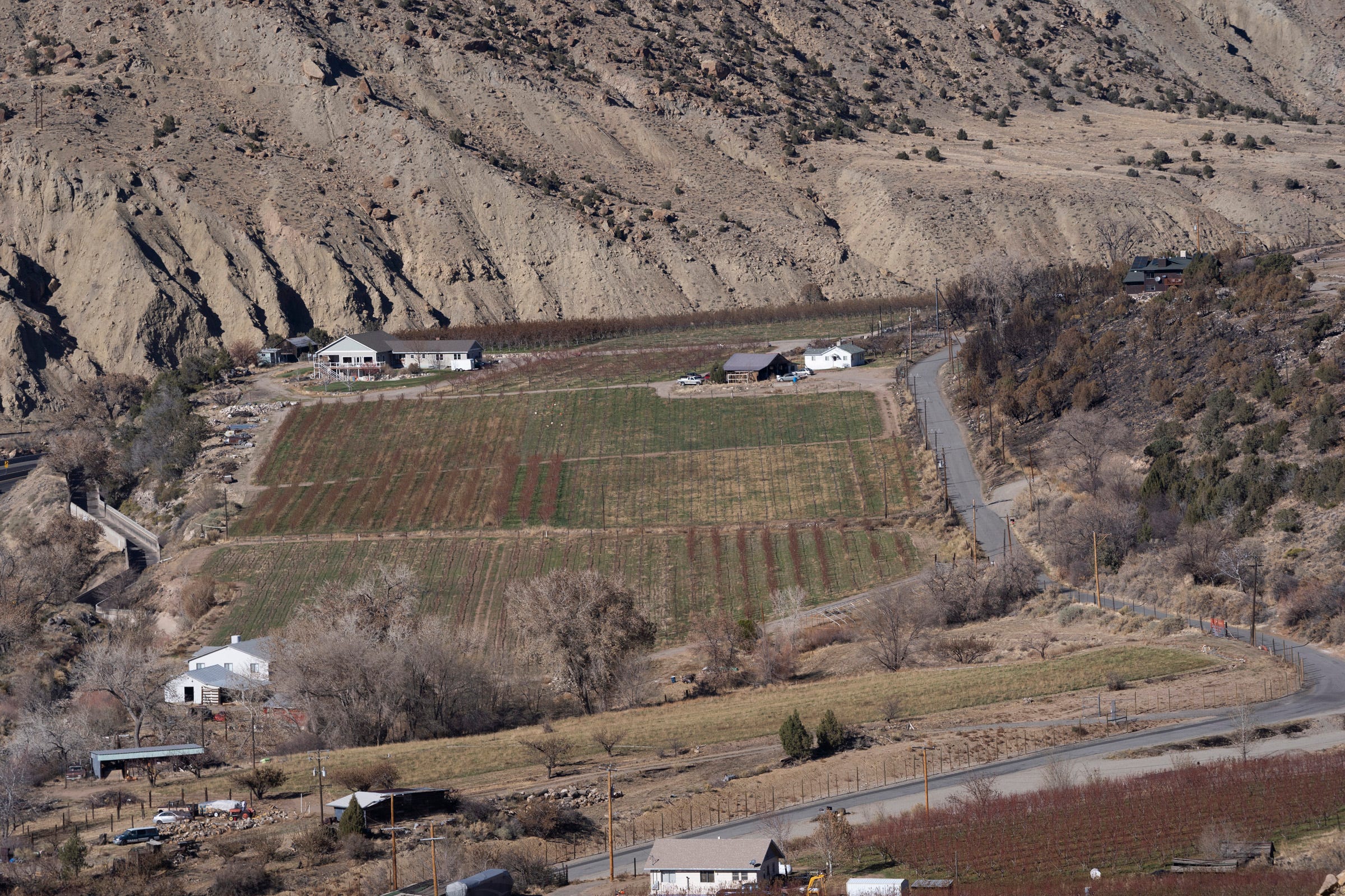 The Colorado River flows between farmland and a highway near Palisade, Colorado.