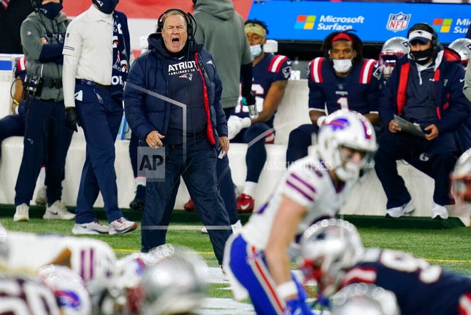 New England Patriots head coach Bill Belichick shouts from the sideline during the Patriots loss against the Buffalo Bills on MNF in Foxborough, Mass.