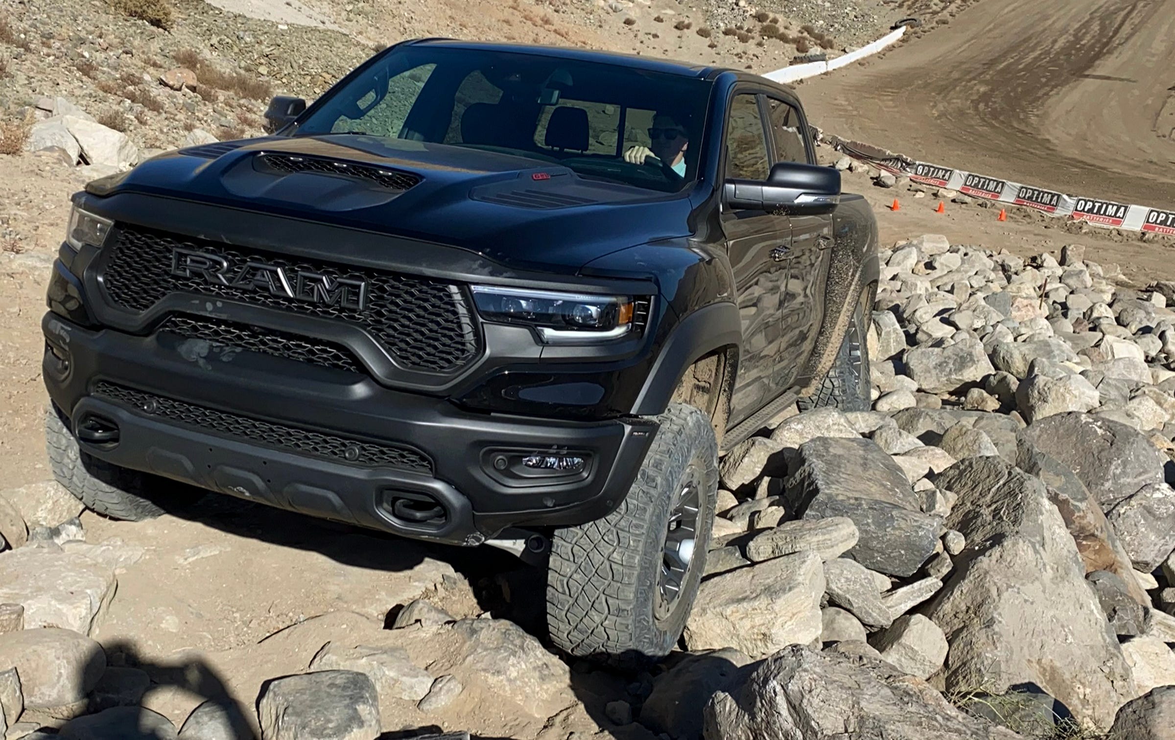 The 2021 Ram 1500 TRX pickup in rock climbing mode.