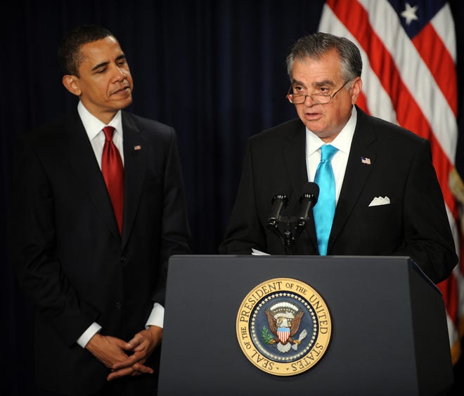 President Barack Obama and Transportation Secretary Ray LaHood on April 16, 2009 in  Washington, DC.